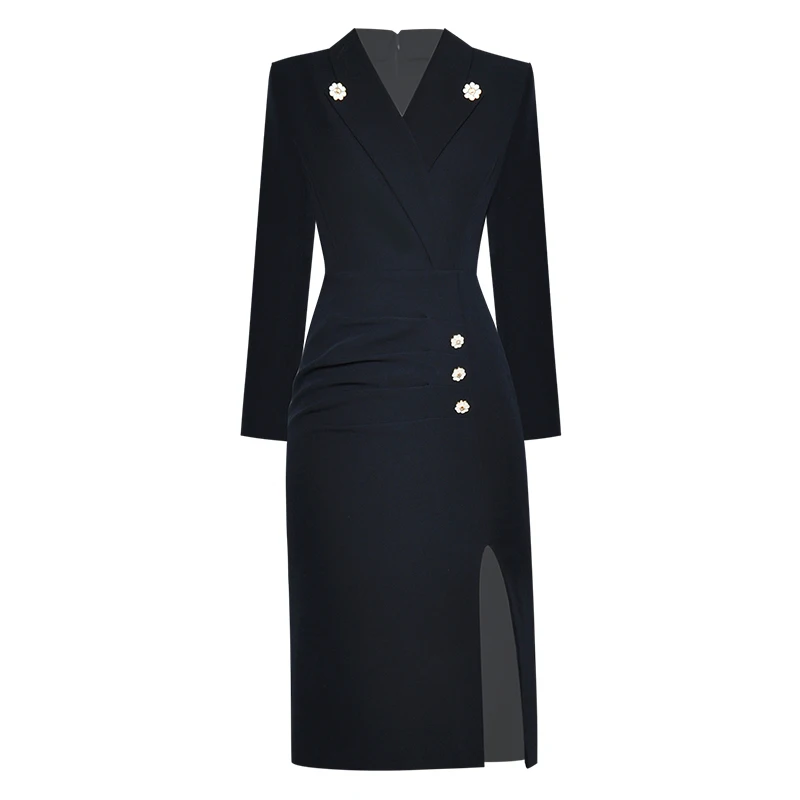 

runway dress women 2020 formal classy Luxury Designer V-neck Long sleeve Ruched Slim Package buttocks Split Dresses for ladies