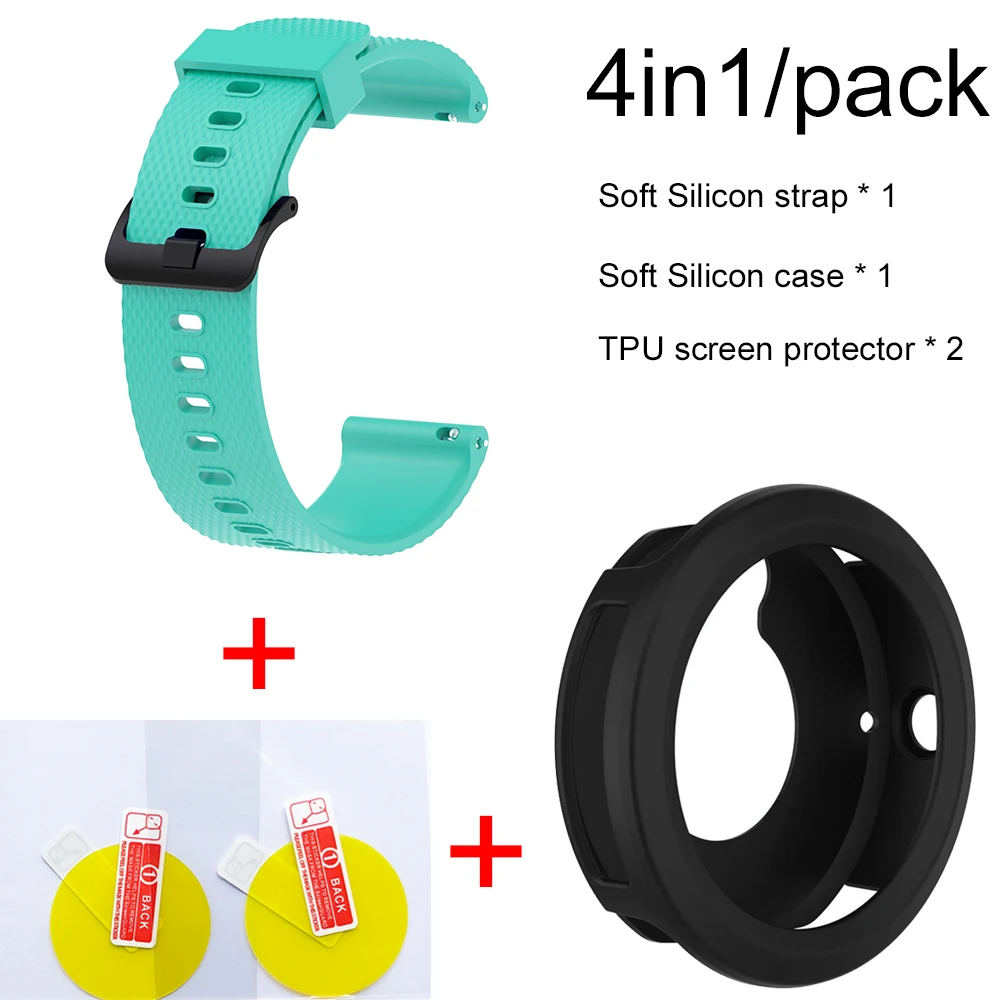 Mint Green-black Cas 4в1 умные часы аксессуары для Garmin Vivoactive3 Ремешок Браслет мягкий силиконовый браслет для Vivoactive 3 Чехол пленка для экрана - Цвет: Mint Green-black Cas
