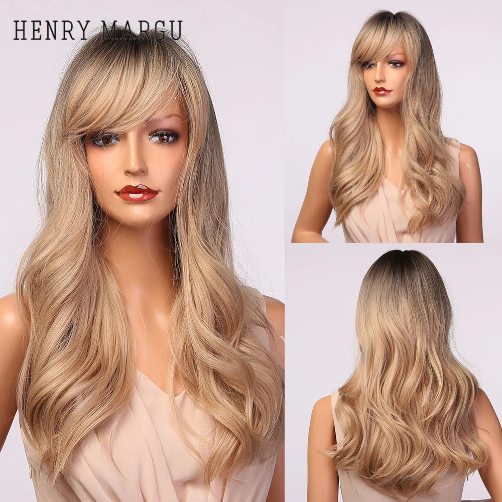 

HENRY MARGU Black Golden Ombre Wig Dark Root Long Deep Wavy Synthetic Wig with Bangs for Women Heat Resistant Cosplay Party Hair