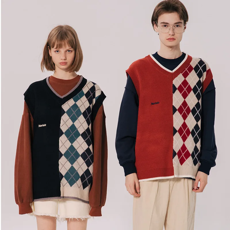 

Мужской свитер, жилет в стиле ретро, вязаные свитера оверсайз в стиле пэчворк, Мужская универсальная японская мода, повседневная Корейская ...