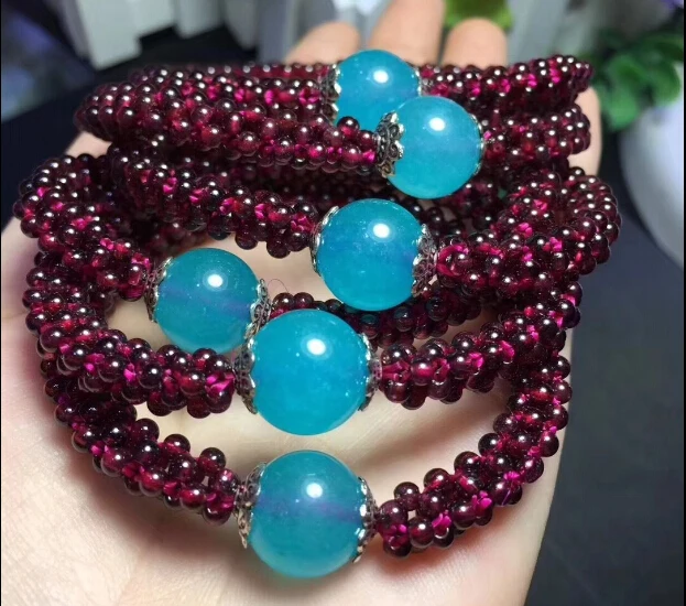 2 шт. натуральный винно красный гранат Плетеный мяч ручной браслет с халцедоном