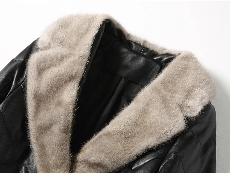 Женский пуховик из натуральной кожи с воротником меха норки|Кожаные куртки| |