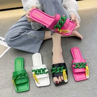 2021 new summer slippers for women ladies square toe flat slides metal decoration female sandals beach shoes candy color pw144