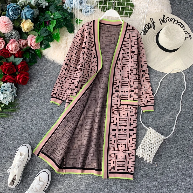 Зимний женский вязаный длинный кардиган в клетку ветровка и пуловер костюмы юбки