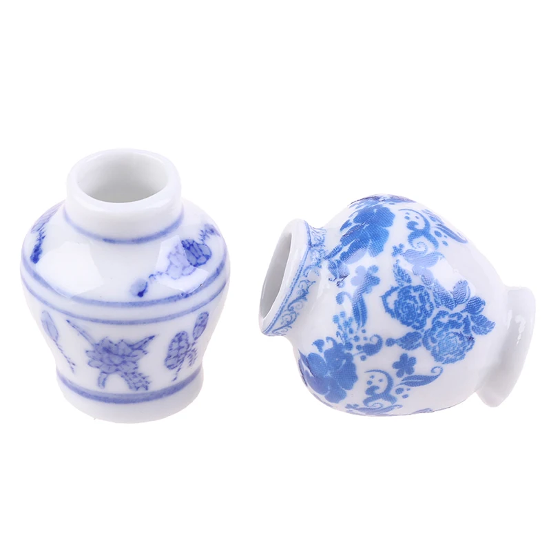 

1 Set(2pcs) Mini Blue and white porcelain vase DIY Handmade Doll House Kitchen Ceramic Ornament Decora vase Dollhouse Miniatures