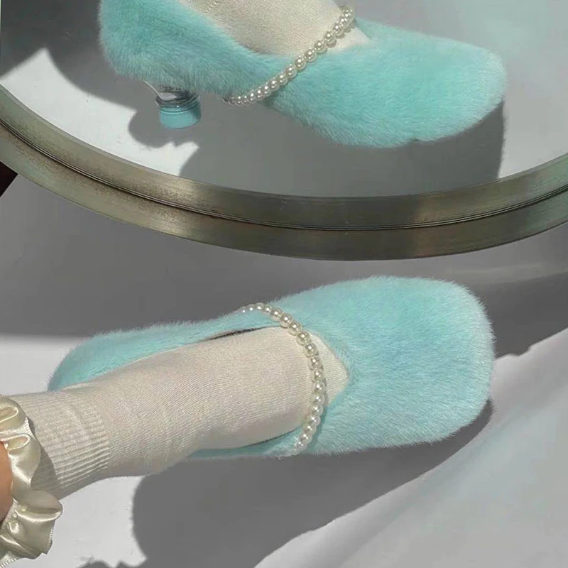 

Fashion Women's Party Blue Furry Fur Square Toe Pumps Strange Bottle Cap Heels Slip on Beading Pearls Shoes