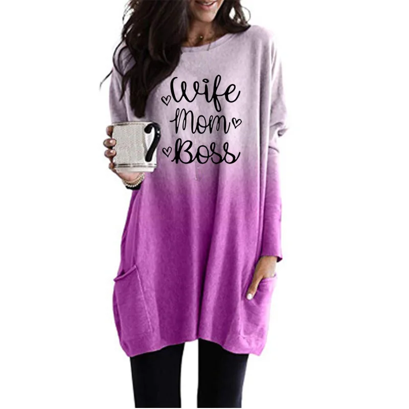 

Spring Summer Gradient Long Sleeve T-Shirt Harajuku Women T-Shirt Leisure Letters Printing Pocket Tops Shirt Women Plus Size 5XL