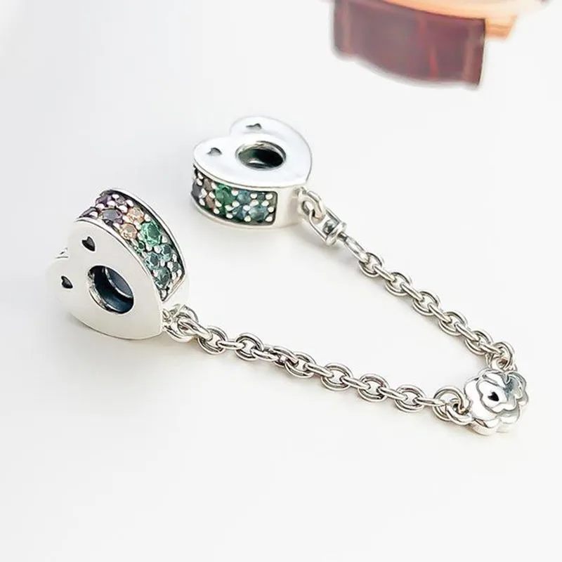 

925 Sterling Silver Charm Fashionable And Colorful Heart-shaped Arc Safety Chain Fit Pandora Bracelet Diy Jewelry
