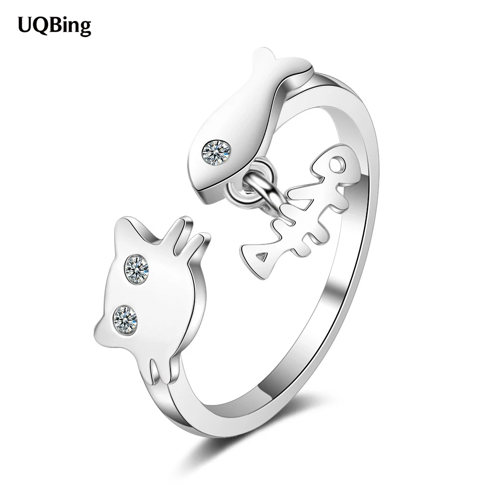 

Модные Коктейльные кольца в виде кота и рыбы из стерлингового серебра 925 пробы с кристаллами, оптовая продажа, Прямая поставка, Изящные Ювел...