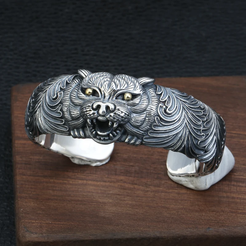 Мужской браслет 100% Серебро 925 пробы Винтаж властный Тигр головка Открытый