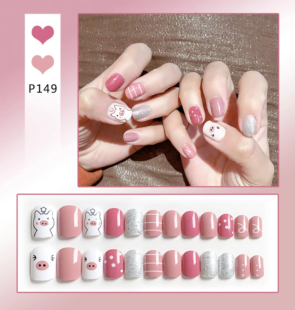 

24Pcs Fak Nails Art Short French Full Cover Fingernails Tips Cute Kawaii Rainbow Style Professional Beauty Manicure Accessories