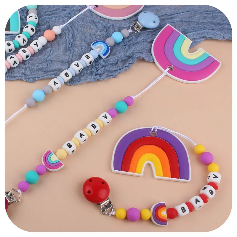 Coskiss-mordedor arco&iacute;ris de silicona, cadena de chupete, regalo para Baby Shower, collar de silicona para dentici&oacute;n, sin BPA-3