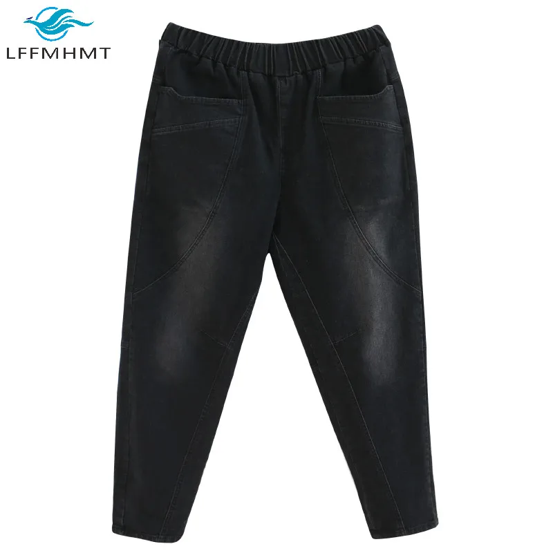 

Women Winter Fall Thicken Fleece Large Size Elastic Waist Jeans Office Lady Black Casual Loose Denim Harem Pants Female Trousers