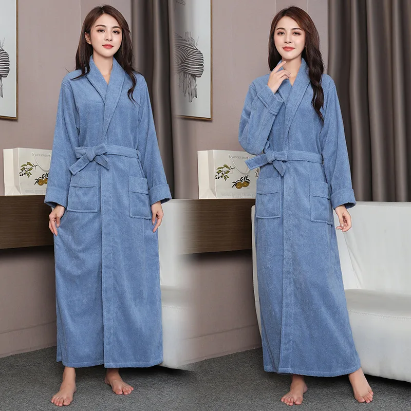 100% Cotton Treey Toweling Long Robe Gown Unisex lovers Soft Bath Robe Men And Women Nightrobe Sleepwear Male Home Bathrobe
