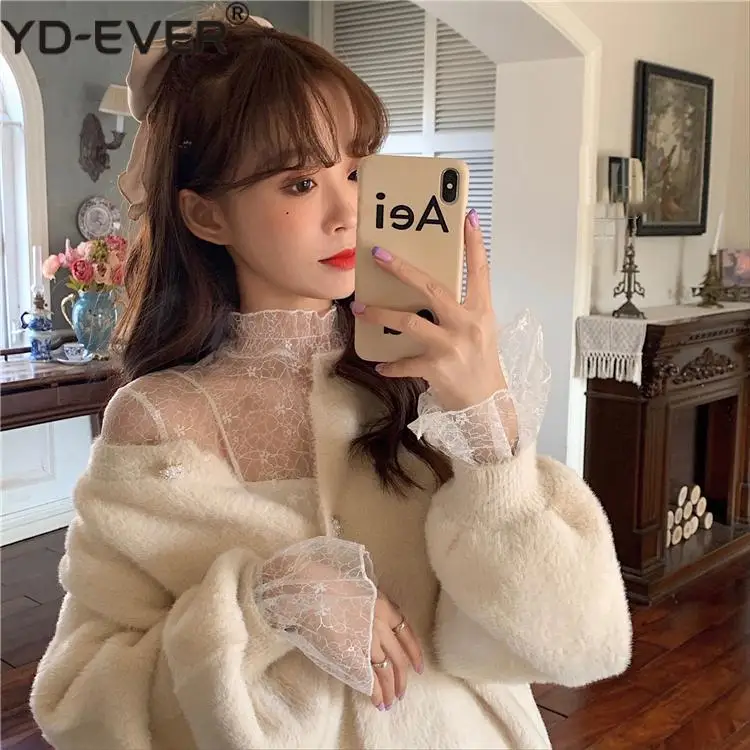 Женская кружевная водолазка повседневный пуловер с расклешенным рукавом