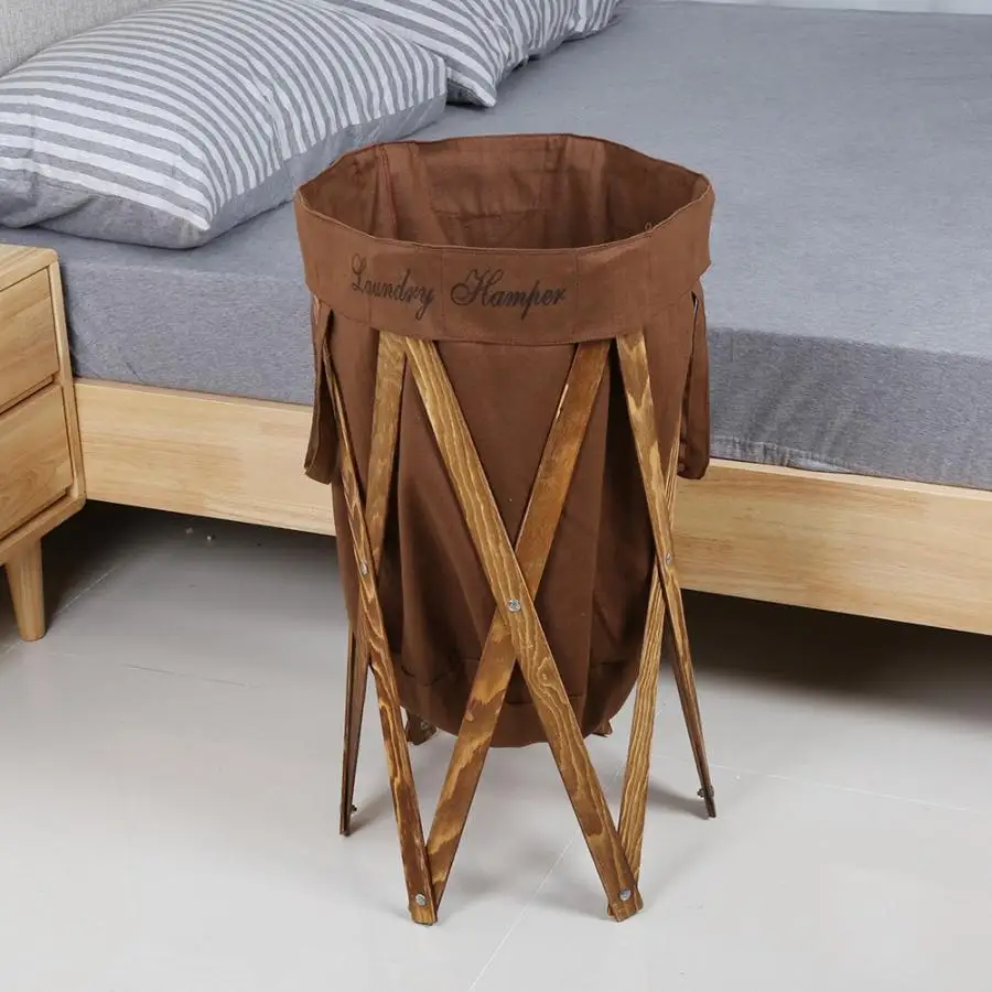 Foldable Laundry Hamper Basket with Wooden Frame Dirty Clothes Bag for Home Use