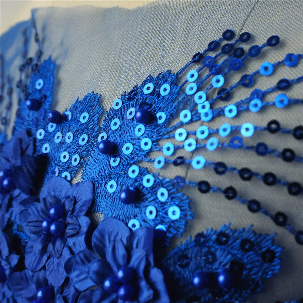 Королевский синий блестящий бахрома 3D цветок Роза бусины кружевная ткань