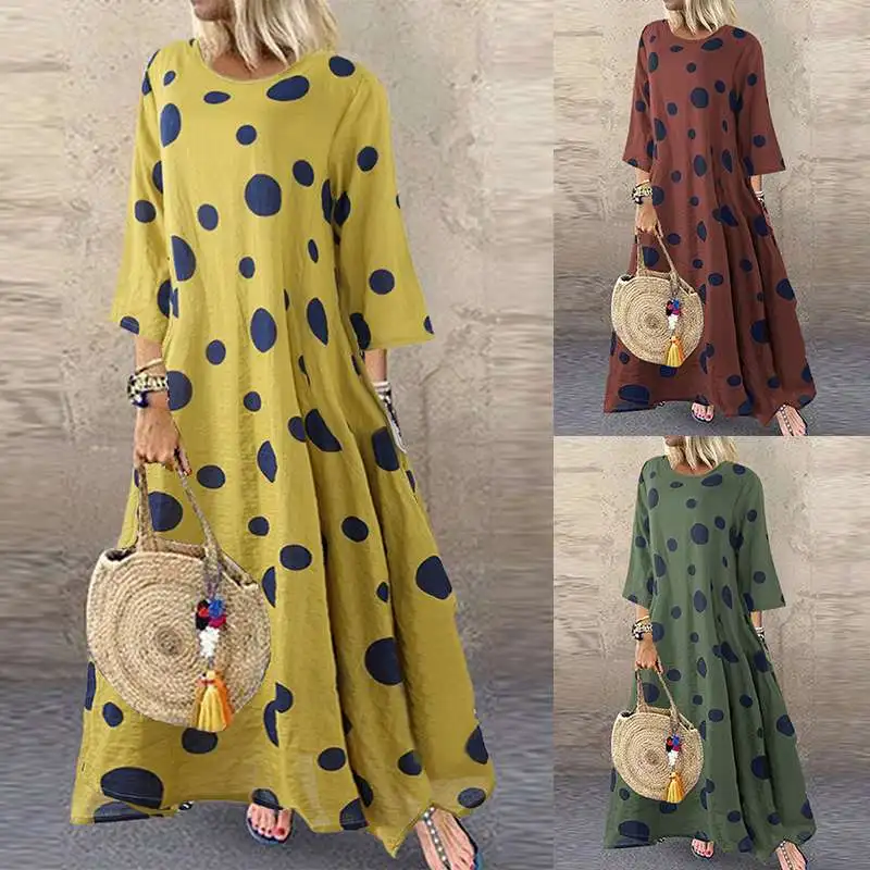

Women's Printed Sundress 2020 ZANZEA Kaftan Polka Dot Maxi Dress Autumn Casual 3/4 Sleeve Cotton Vestidos Female Robe Plus Size