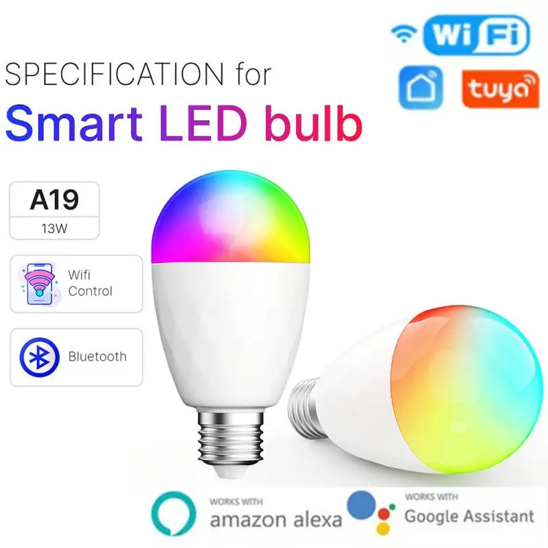 

Умсветильник Светодиодная лампа Tuya с Wi-Fi, лампа с регулируемой яркостью, RGB + CW E27, 13 Вт, с голосовым управлением, работает с Alexa и Google Assistant