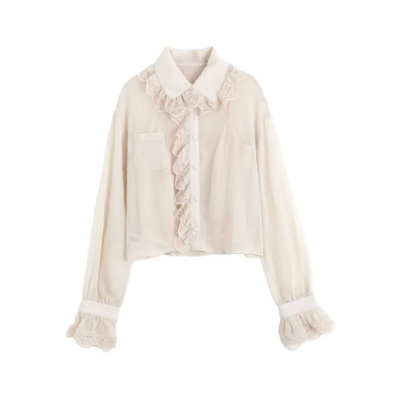 

Lace Ruffle Women Shirts 2021 Spring Casual Long Sleeve Vintage Chiffon Blouse and Tops Ladies Korean Style Basic Elegant Shirt