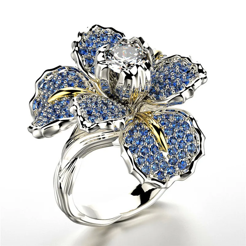 Модное женское кольцо с большим цветком и цирконием очаровательное голубыми