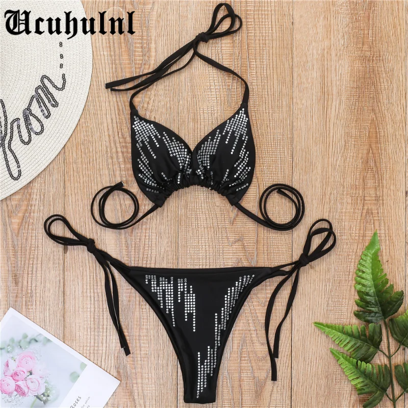 

Sexy Bikini 2021 New Bikini Set Beach Wear Glitter Solid Bikini Sexy Swimsuit Halter Swimwear Bathing Suit Women Bling Sequin