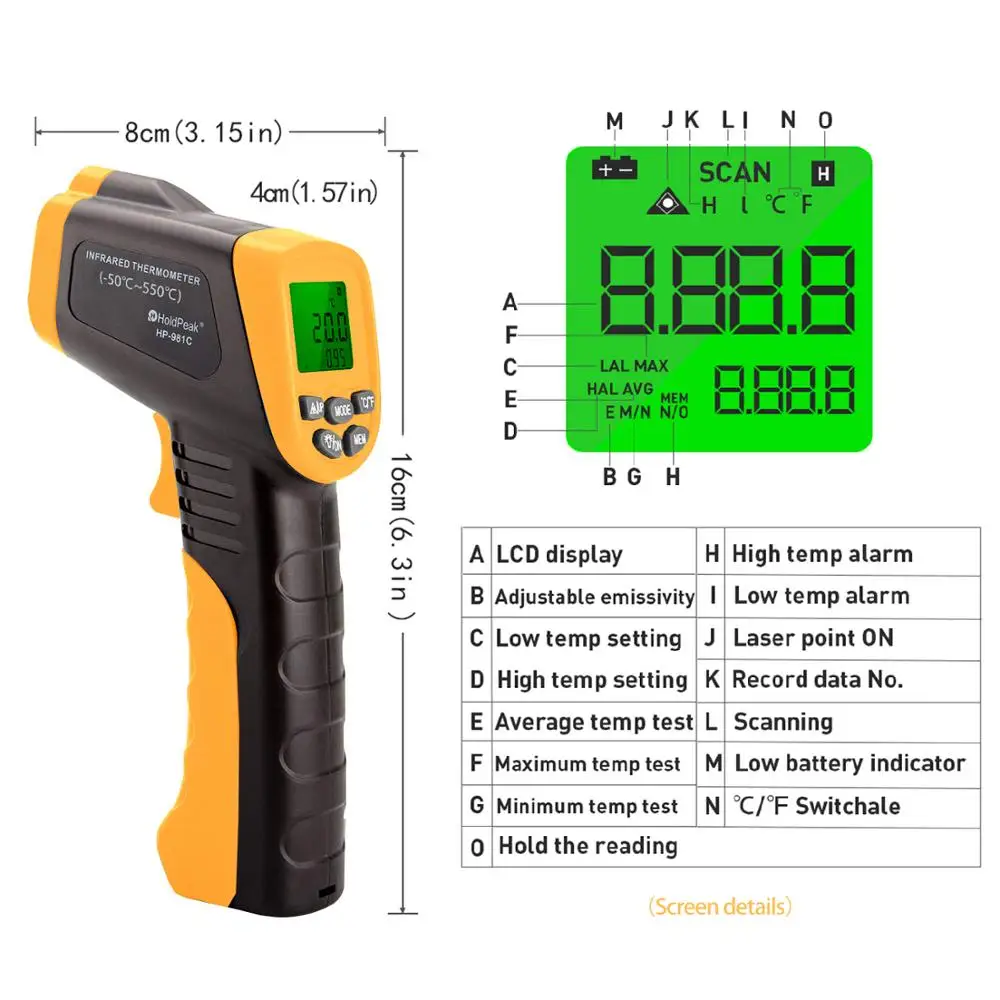 HoldPeak HP 981C инфракрасный термометр для измерения температуры 30 ~ 550'c / 22 1022'f