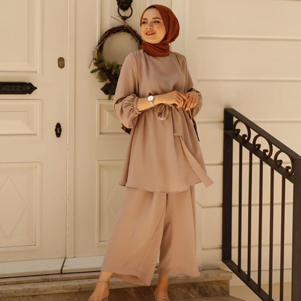 Mulsim Women's Two Pieces Set Plain Solid Fresh Summer Outfit Arab Oman Dubai Middle East Morocco Turkey 2pcs Suit | Тематическая