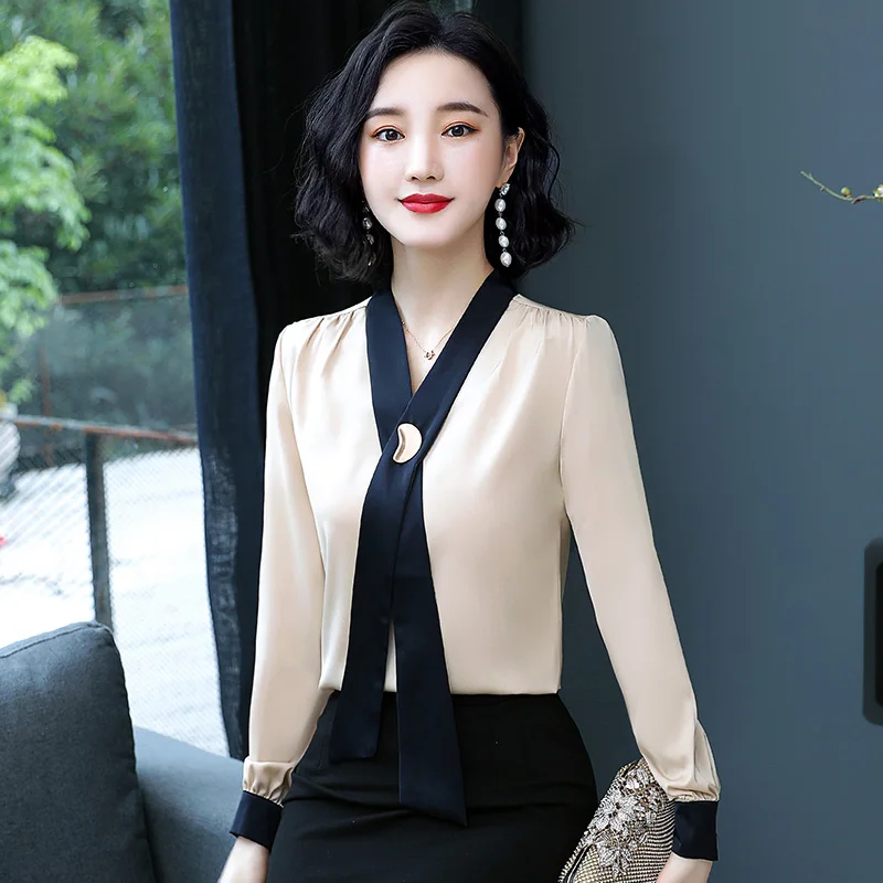 

Korean Fashion Silk Women Blouses Satin Long Sleeve Shirt and Blouse Office Lady Blusas Largas Plus Size XXXL Autumn Womens Tops