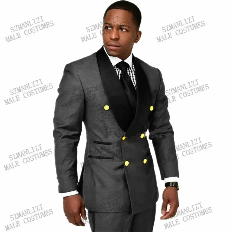 New Arrival Latest Design Terno Masculino Dark Grey Shawl Lapel Double Breasted Mens Wedding Suits Groom Tuxedos Best Man Blazer