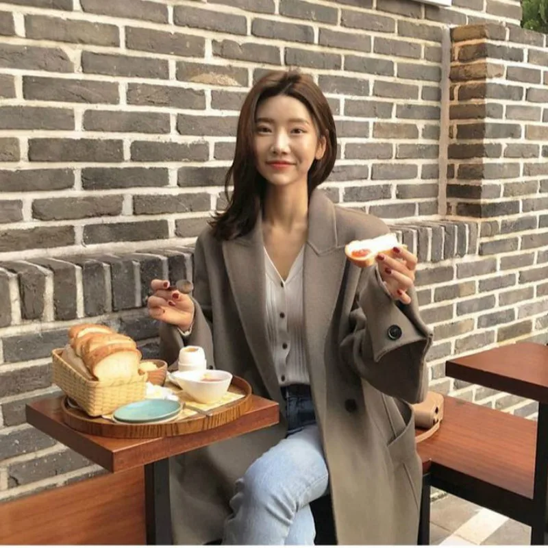 

Overcoat Sashes Slim Waist Cardigan Outerwear Women Autumn Winter Khaki Thick Long Wool Coat Jacket Woolen