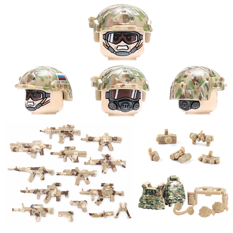 Bloques de construcción de asalto del desierto ruso, figuras de soldados militares, casco de camuflaje, armas, piezas, juguetes, 5 piezas