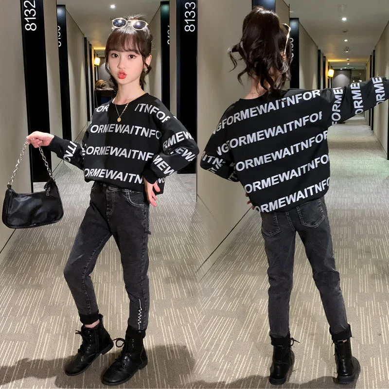 

Fashion Letters Spring Autumn Girls Boy's Sports Kids Teenagers Suit Two Piece Sweatshirts Jeans Clothing Sets High Quality