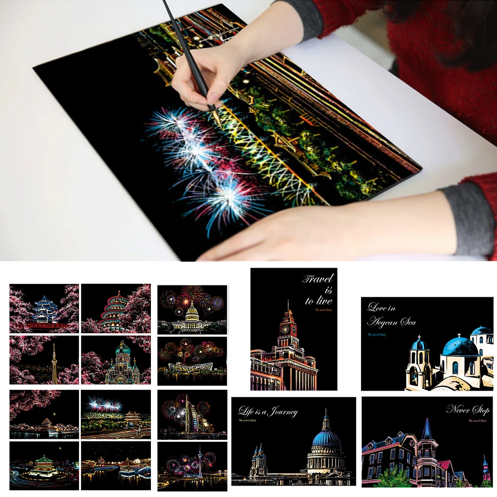 

4pcs Scraping Painting Toy City Night View Colorful Scratch Art Paper Set Paper Drawing Toys For Kids Brithday Gifts