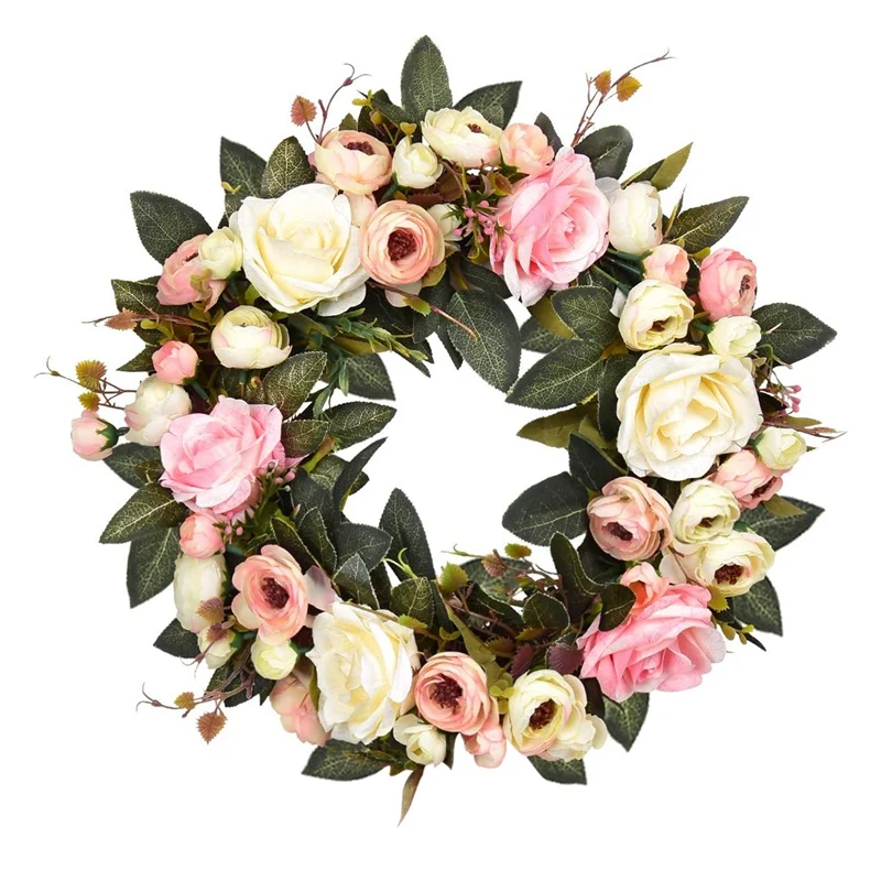 

Искусственный цветок розы венок-с камелией и зелеными листьями для передней двери Свадебные стены окно вечерние дом Декор для дома