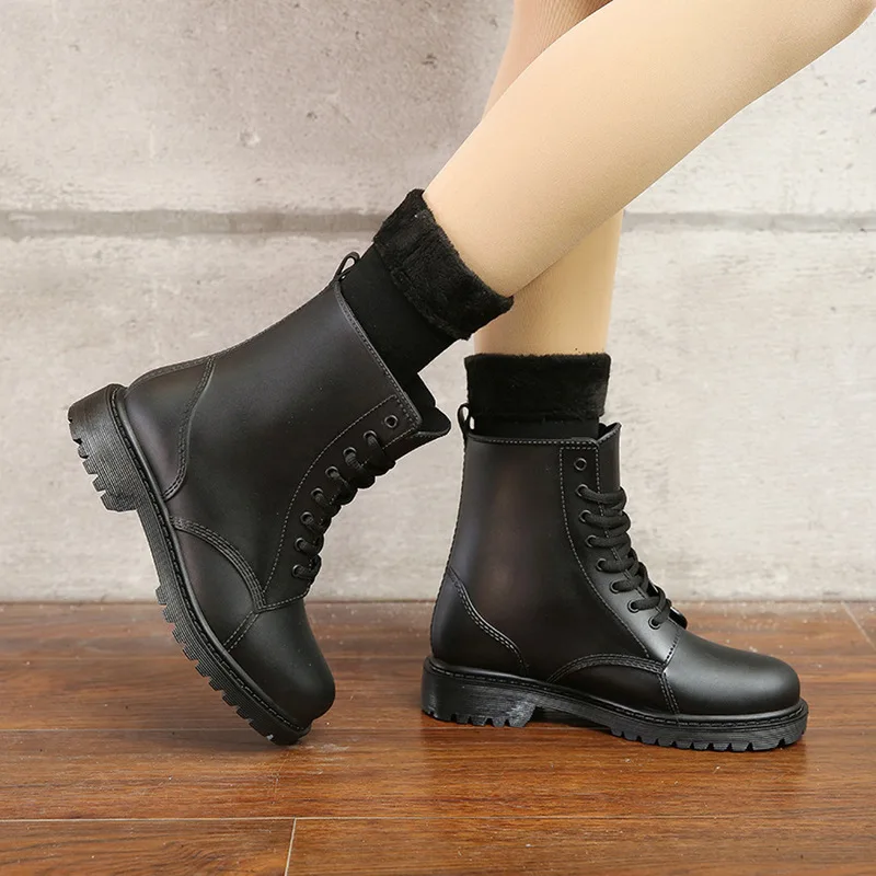 

Women's Fashion Rainboots Waterproof Shoes Woman Mud Water Shoes Rubber Lace Up PVC Ankle Boots Sewing Rain Boots plus size 44