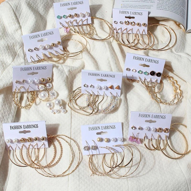 

6piar/Set Geometry Metal Pearl Earrings Set for Women Bohemian Big Circle Hoop Earrings Women 2021 Fashion Women's Jewelry