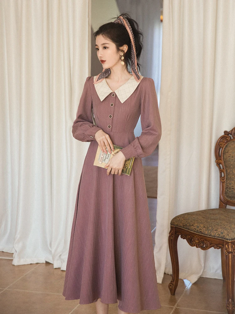 

Long Sleeve Retro Art and Elegant Temperament Dress Fall Clothes Dress Fashion Check Doll Collar Sweet Purple Midi Dress Vintage