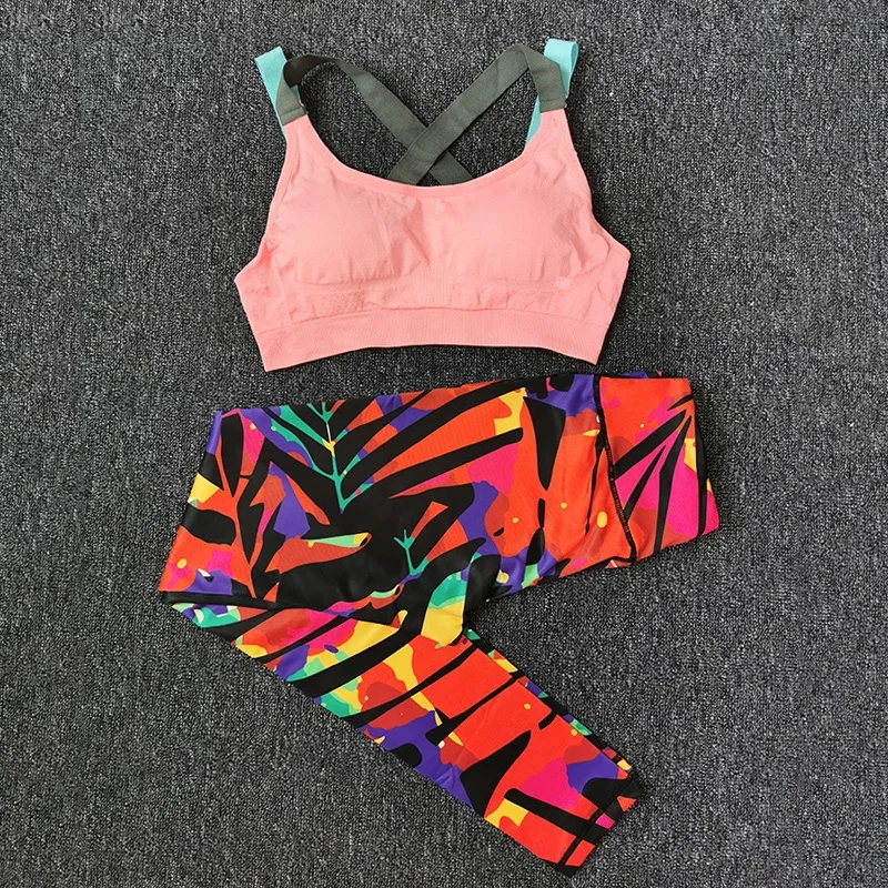 

Women Sports Suits Yoga Set Gym Clothing Running Fitness Sports Bra+Yoga Pants Printing Breathable Sleeveless Vest Workout Sets