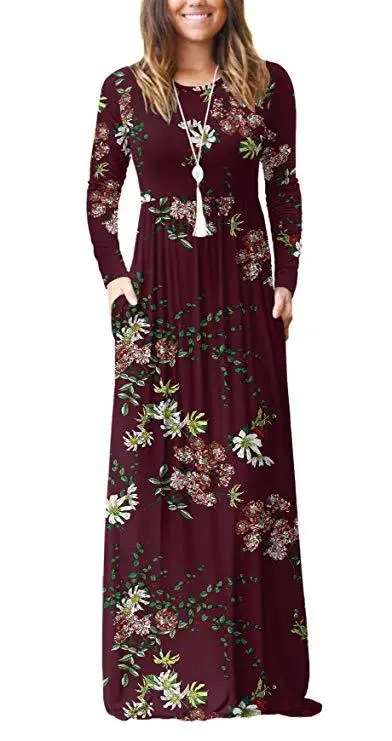 

Fall casual double pocket long sleeve o-neck flower print maxi dresses for women Elegant vintage femme long vestidos