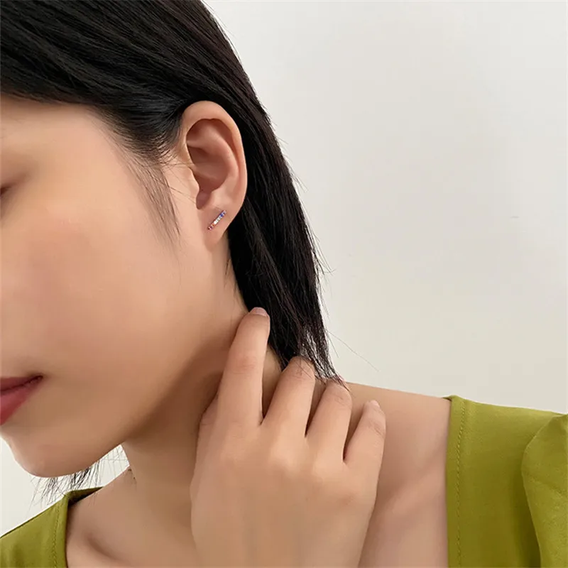 

925 Sterling Silver Simple Color Crystal Inlaid Geometric Stud Earrings Women Mature Fashion Dress Jewelry Accessories