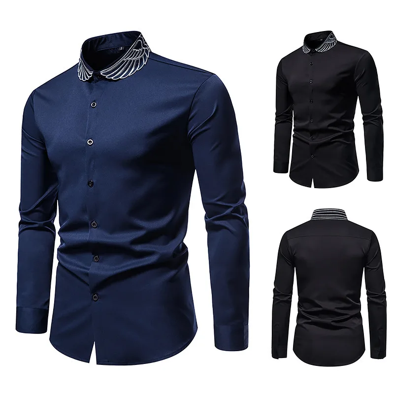 Men's Long-sleeved Fashionable Button-down Shirt with Embroidered Wings Casual Slim-fitting Dress Shirt