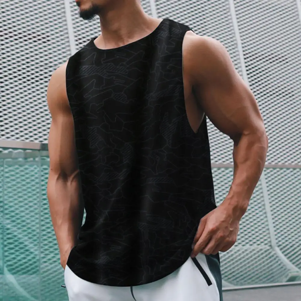 

Summer Men Tanks Top Print Sleeveless Vest Sweat Absorbing Tops Plus Size O Neck Arc Hem Vest Tops Gym