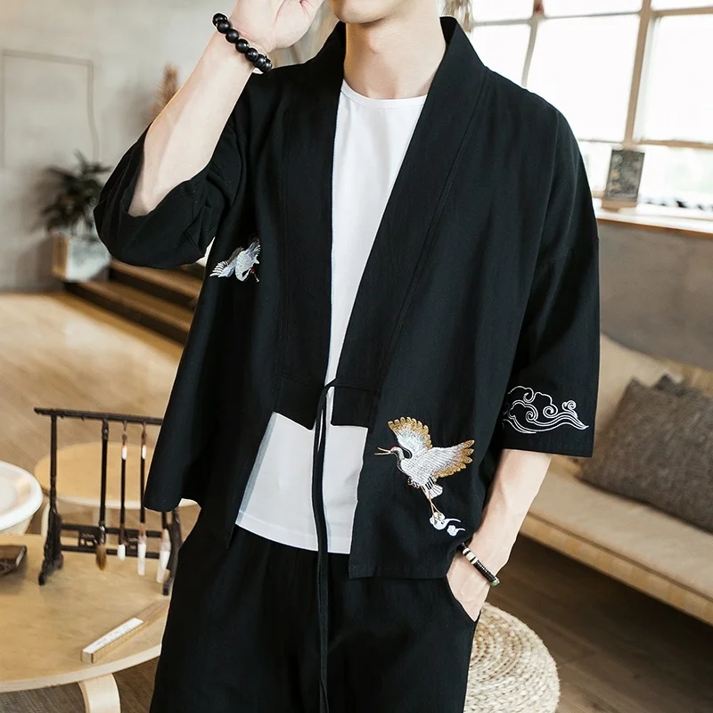 

Japanese Men Embroidery Kimono Coat Jacket Ethnic Outwear Vintage Loose Cardigan Tops Summer Multicolor Coat 914-451