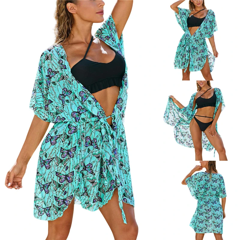 

2021 Fashion Women Ladies Butterfly Print Cover Up Stylish Beach Sun Protective Cardigan Summer Holiday Loose Outwear