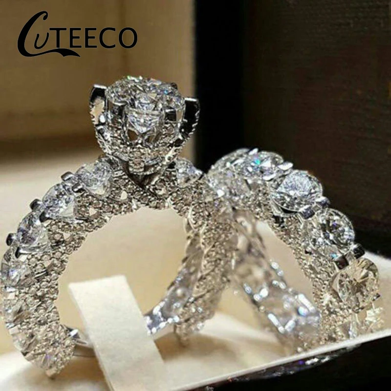 Cuteeco, новая мода, ослепительное серебро, натуральное ювелирное изделие, белый набор колец для невесты, свадьбы, помолвки, Ювелирное кольцо, размер 5, 6, 7, 8, 9, 10