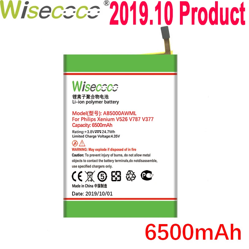 WISECOCO 6500 мАч AB5000AWMT AB5000AWML батарея для Philips Xenium V526 V787 V377 CTV787 CTV526 мобильный телефон с номером отслеживания