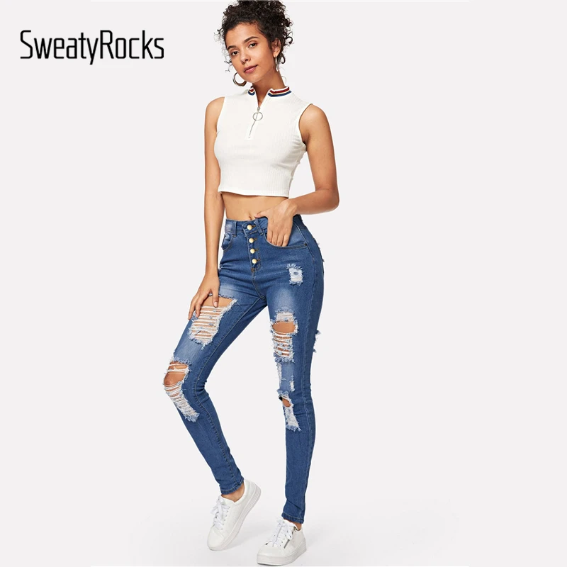 SweatyRocks рваные выцветшие пуговицы обтягивающие джинсы для активного отдыха женские синие повседневные джинсовые штаны Осенние повседневные длинные джинсы