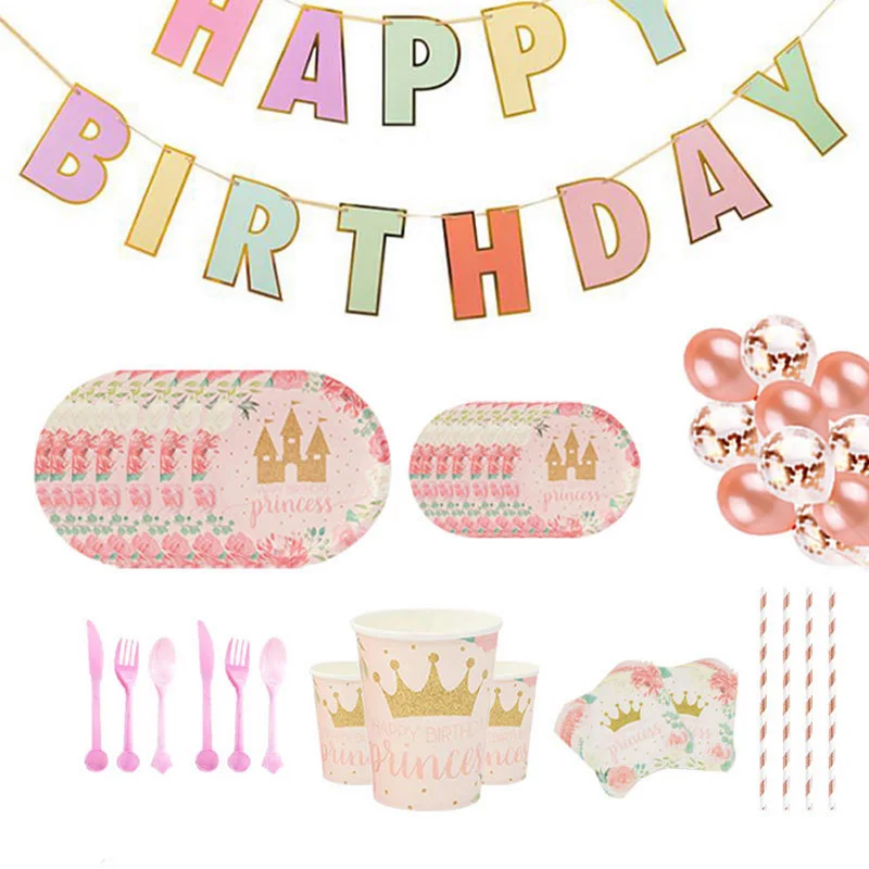 

Pink Castle Princess Theme Disposable Tableware Paper Plate Cup Happy Birthday Banner for Adult Kids Girls Birthday Party Decor
