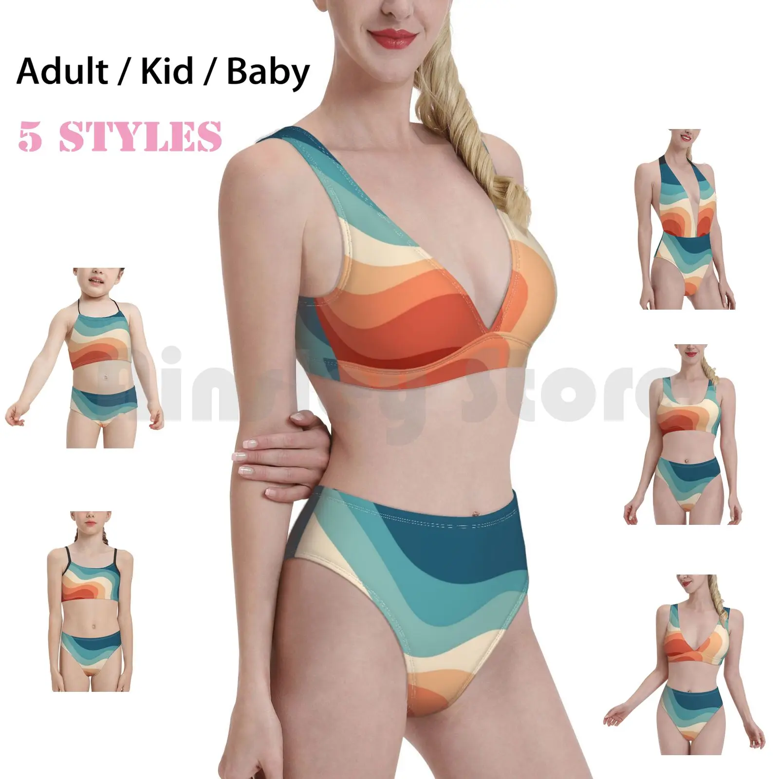 

Retro Style Waves Swimsuit Bikini Padded High Waist Retro Waves Waves Retro Stripes Striped Lines Colorful Abstract